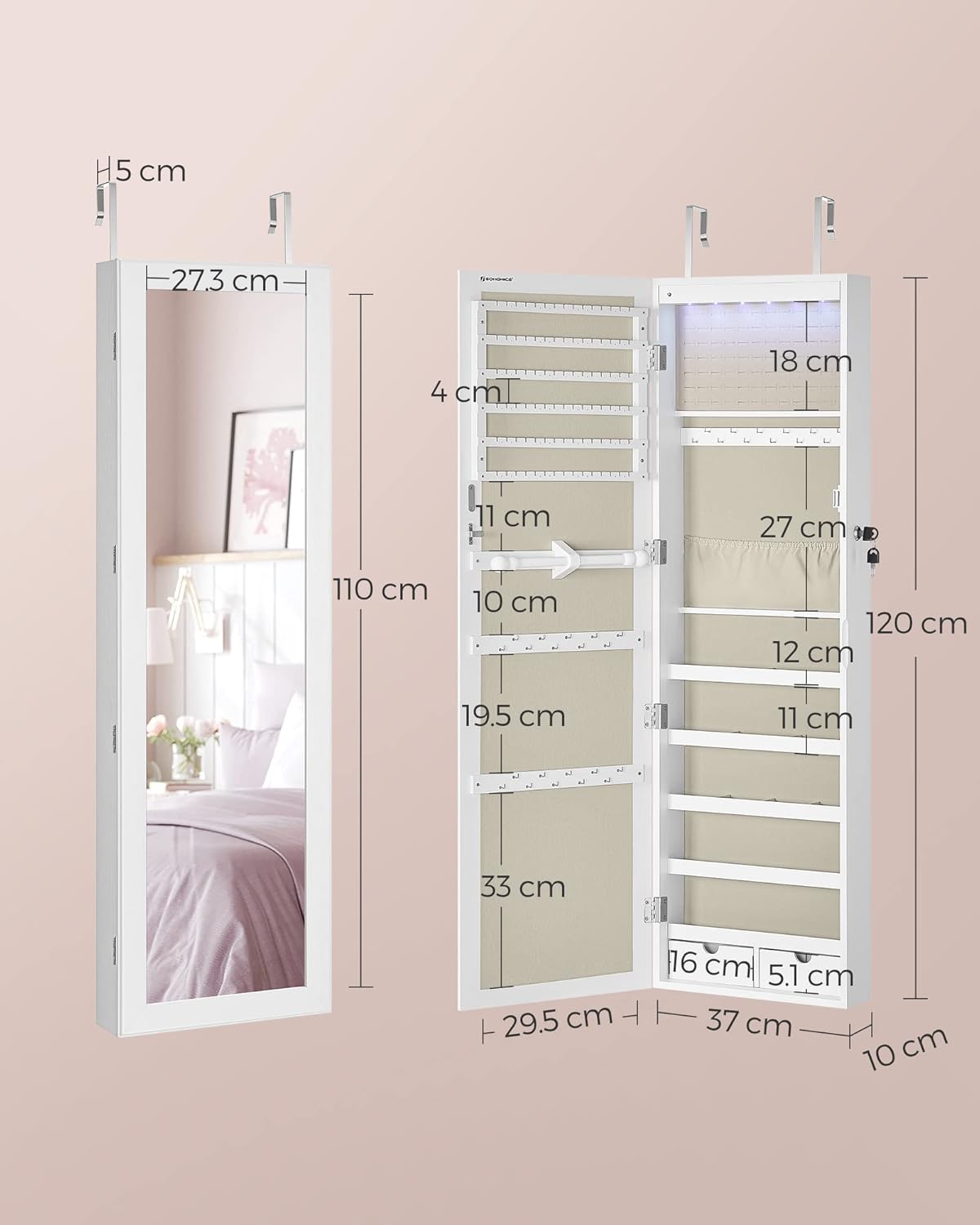 SONGMICS Dulap pentru bijuterii cu oglinda, montare pe perete sau usa, material MDF, inchidere cu cheie, 120x37x10 cm, alb
