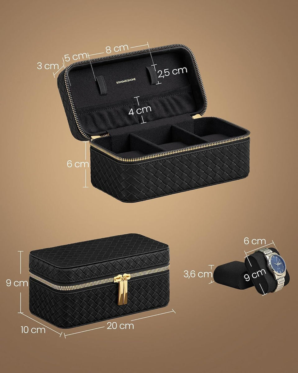 SONGMICS Cutie ceasuri Ronne, pentru 3 ceasuri, imitatie piele PU, 20x10x9 cm, negru