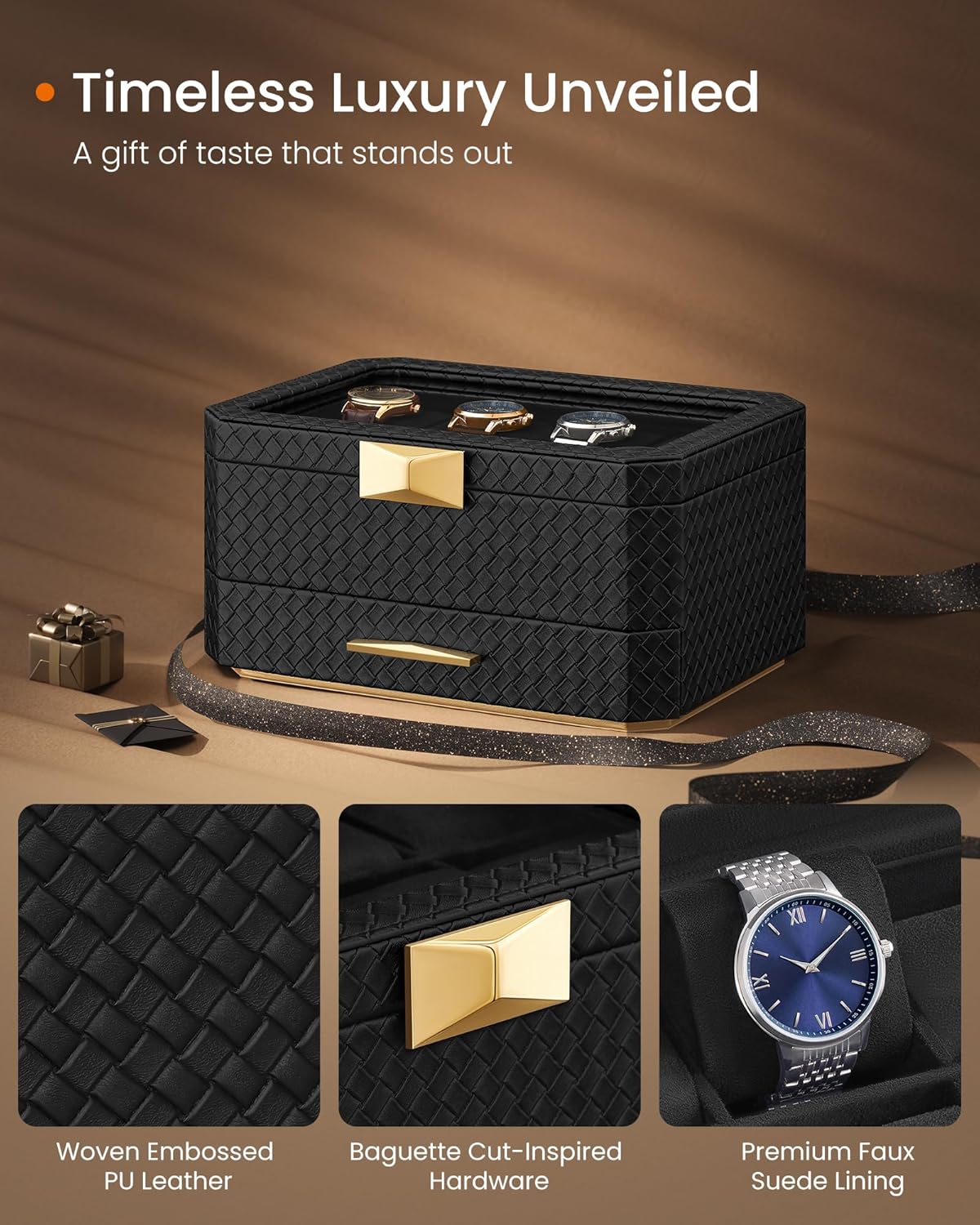 SONGMICS Cutie ceasuri Ronne Collection, 8 sloturi cu compartimente, piele PU impletita, 27x20x15 cm, negru
