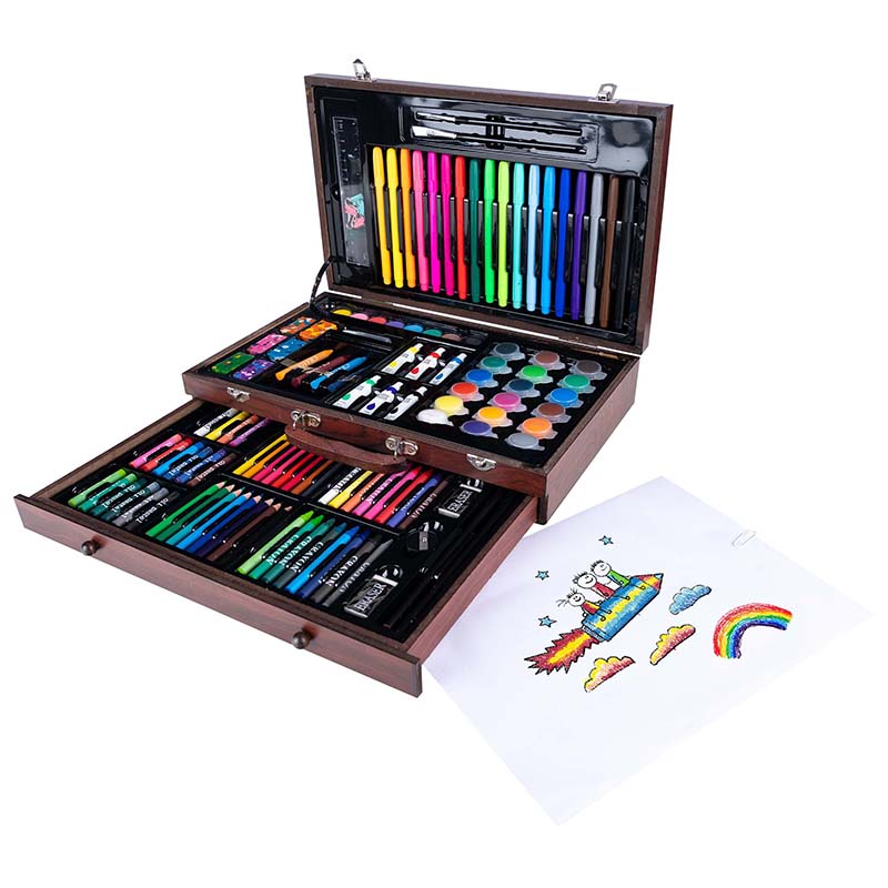 Set desen si pictura XL 130 piese cu valiza din lemn, 37x23x8 cm, multicolor