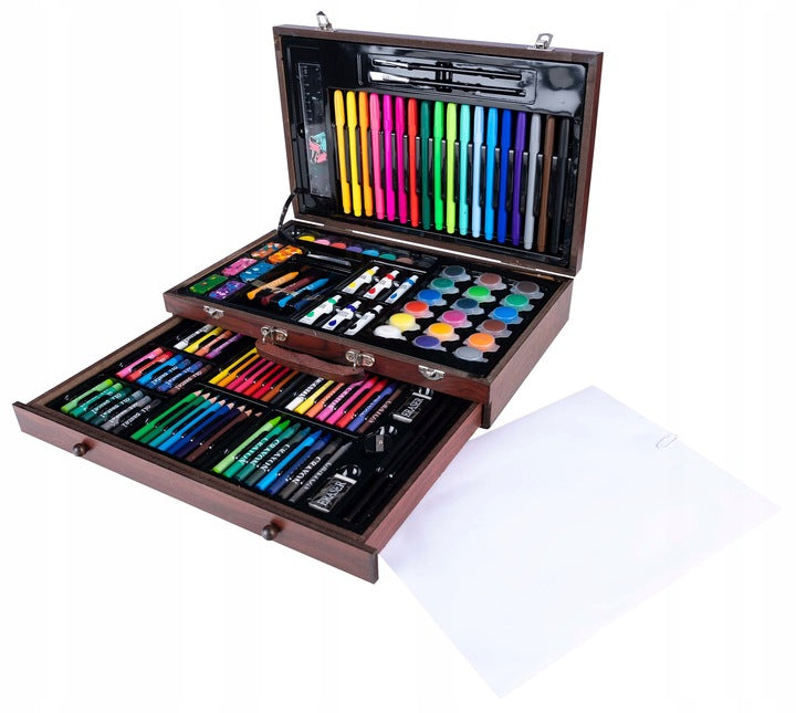 Set desen si pictura XL 130 piese cu valiza din lemn, 37x23x8 cm, multicolor