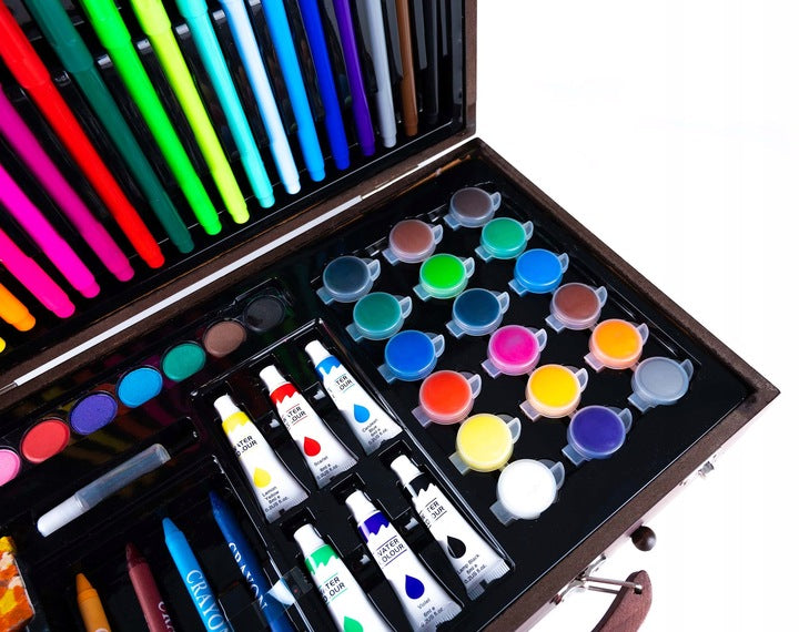 Set desen si pictura XL 130 piese cu valiza din lemn, 37x23x8 cm, multicolor