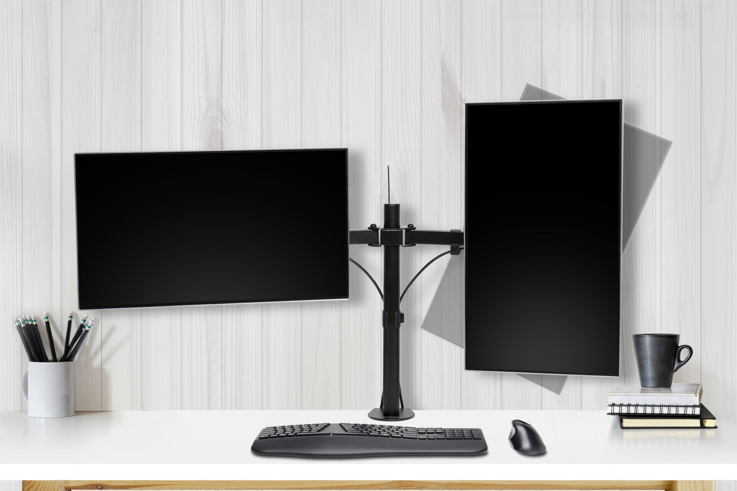 SUPORT de birou KENSINGTON, pt 2 TV/monitor plat, diag. max 32 inch, rotatie, inclinare, pivotare, orizontala, verticala, totala, max 8 Kg, "K55409WW"