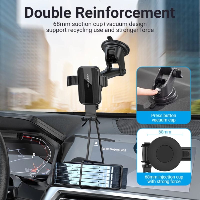 Suport AUTO Vention pt SmartPhone, fixare parbriz sau bord prin ventuza, unghi reglabil, device compatibil 4.7-7.2inch, negru, "KCOB0" - 6922794764866