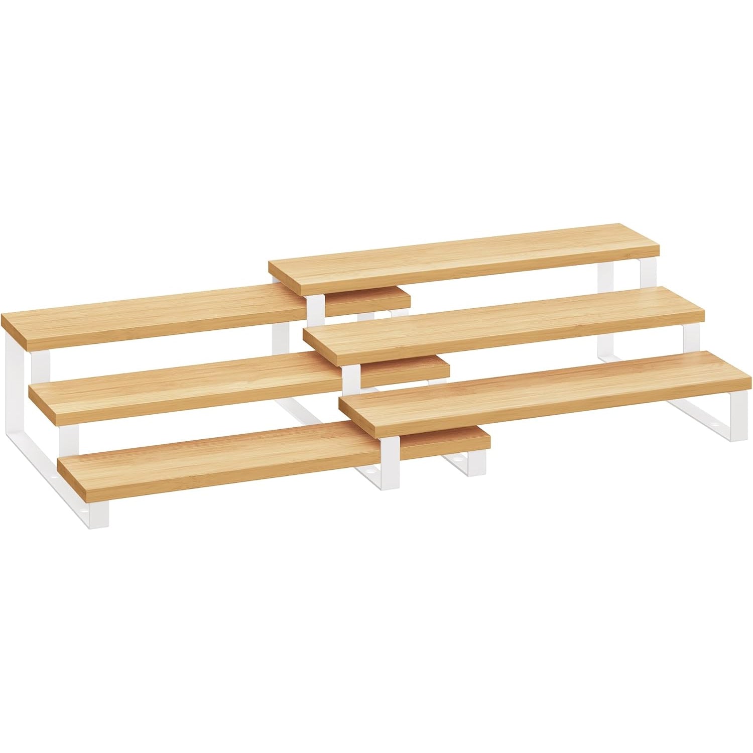 SONGMICS Raft de depozitare extensibil cu 3 nivele, bambus, stivuibil, 32x25x11cm, maro natur si alb