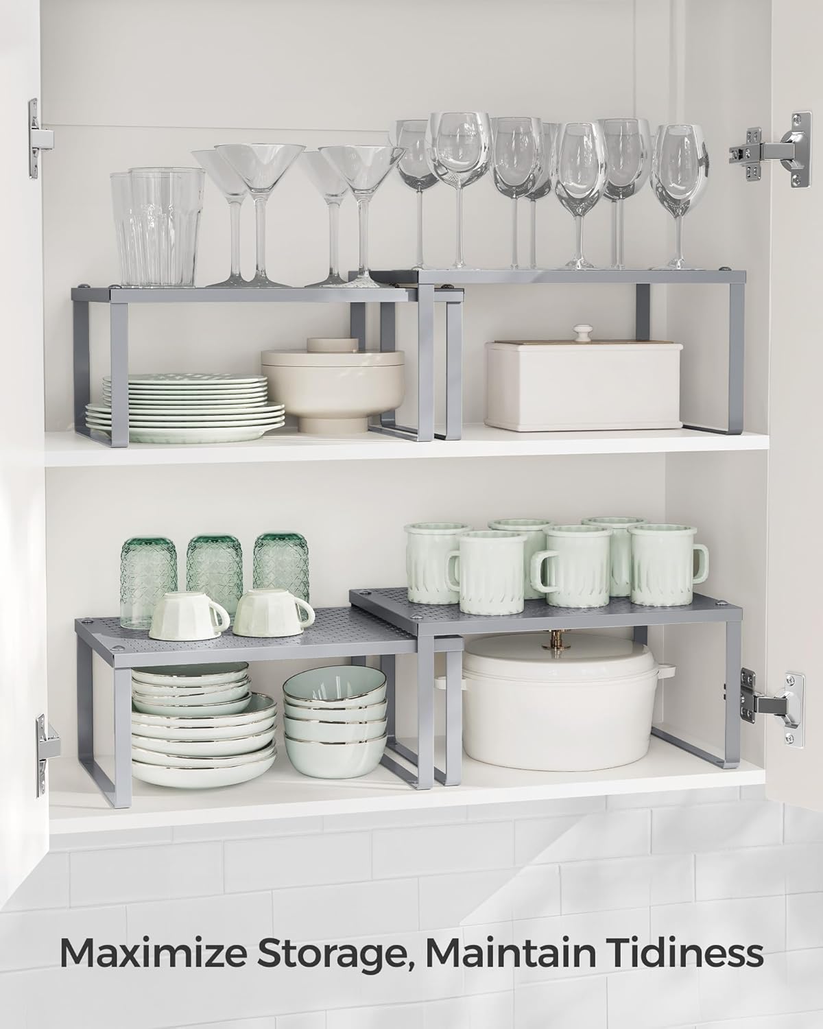 SONGMICS Set 2 rafturi de bucatarie metalice, suprapozabile, pentru ustensile sau condimente, 23x32x16cm, gri