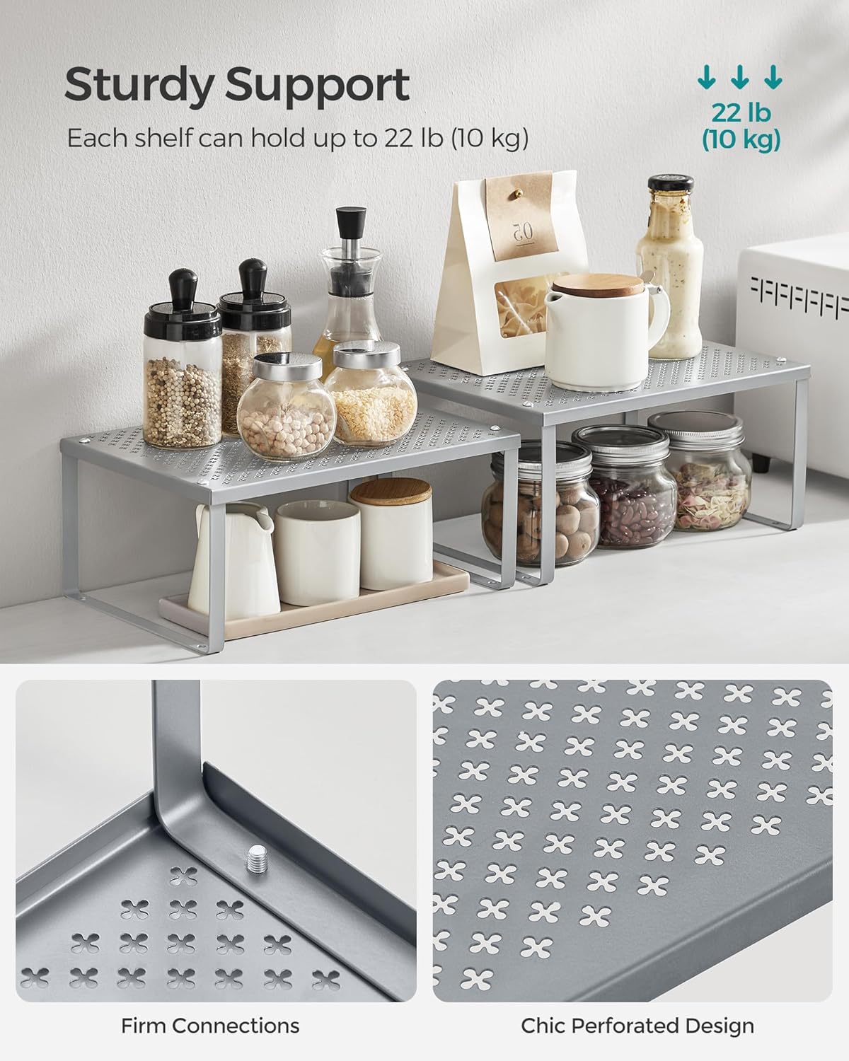 SONGMICS Set 2 rafturi de bucatarie metalice, suprapozabile, pentru ustensile sau condimente, 23x32x16cm, gri
