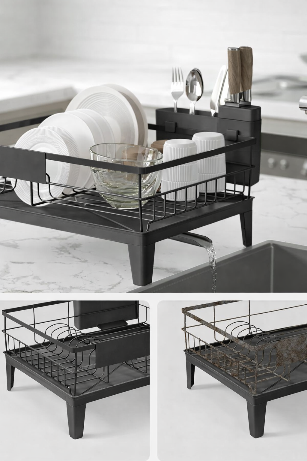 SONGMICS Suport vase metalic, cu tava si scurgere mobila direct in chiuveta, 31x42x19 cm, negru