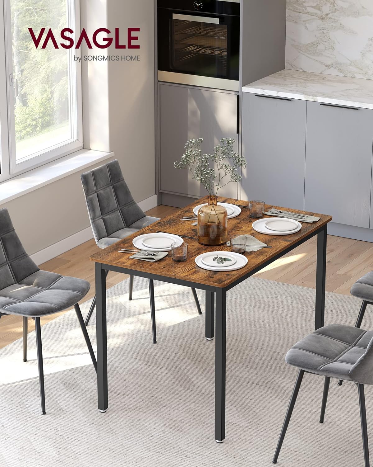 VASAGLE Masa de bucatarie pentru 4 persoane, cadru metalic, stil industrial, 110x70x77 cm, maro rustic