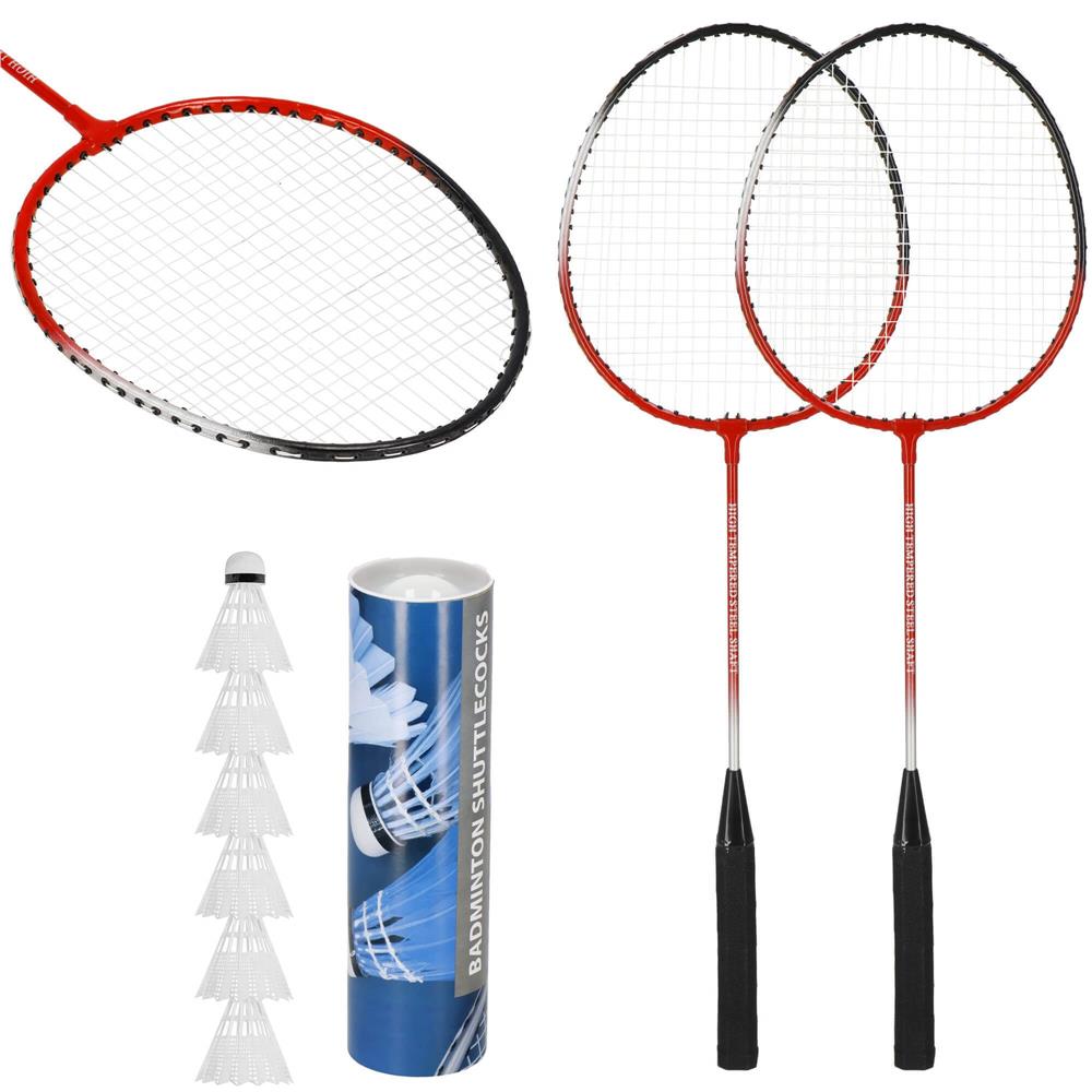 Set badminton 9 piese, 2 rachete metalice, 6 fluturasi si husa, 66 cm, multicolor