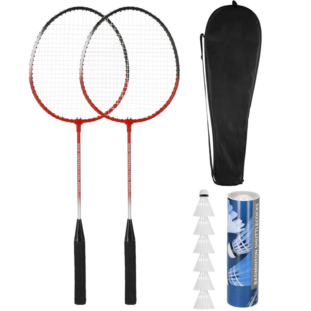 Set badminton 9 piese, 2 rachete metalice, 6 fluturasi si husa, 66 cm, multicolor