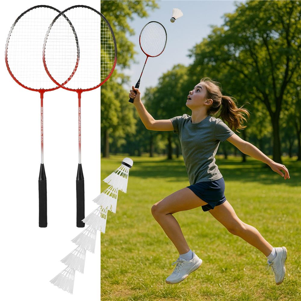 Set badminton 9 piese, 2 rachete metalice, 6 fluturasi si husa, 66 cm, multicolor