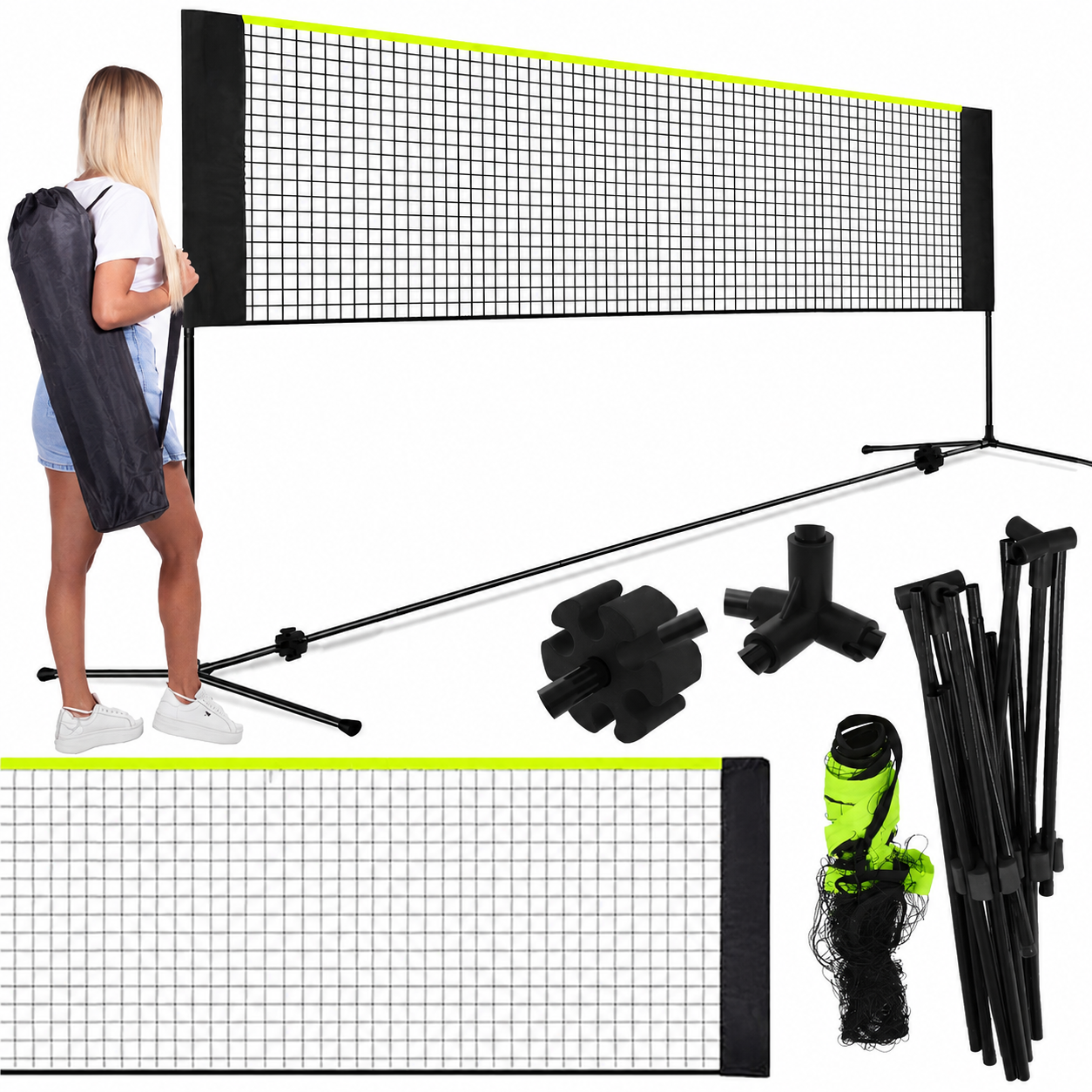 Set fileu badminton cu suport metalic si husa transport, instalare rapida, 400x200 cm, negru si verde neon