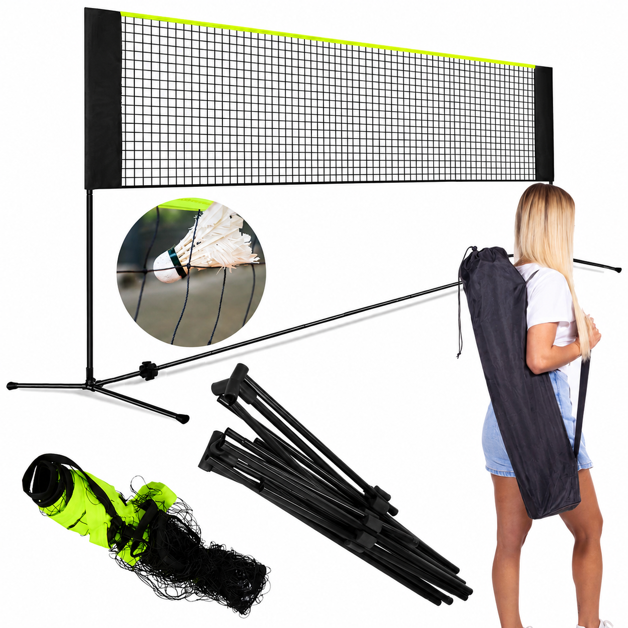 Set fileu badminton cu suport metalic si husa transport, instalare rapida, 400x200 cm, negru si verde neon