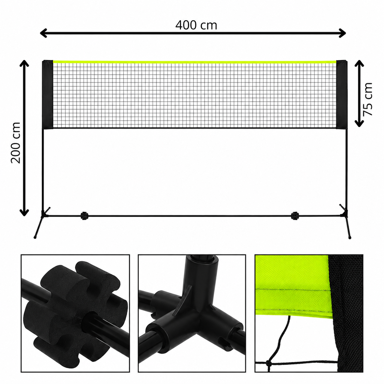 Set fileu badminton cu suport metalic si husa transport, instalare rapida, 400x200 cm, negru si verde neon