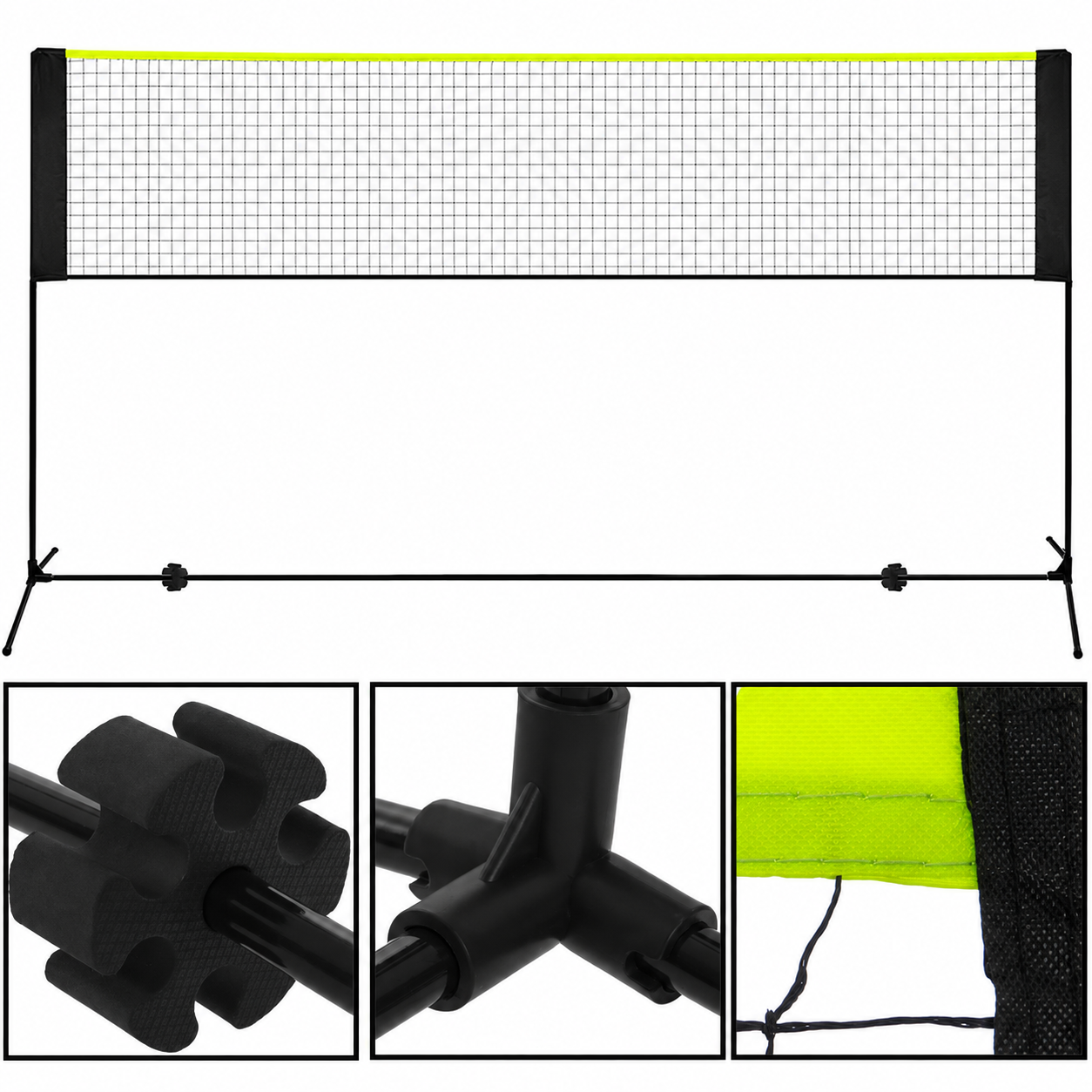 Set fileu badminton cu suport metalic si husa transport, instalare rapida, 400x200 cm, negru si verde neon