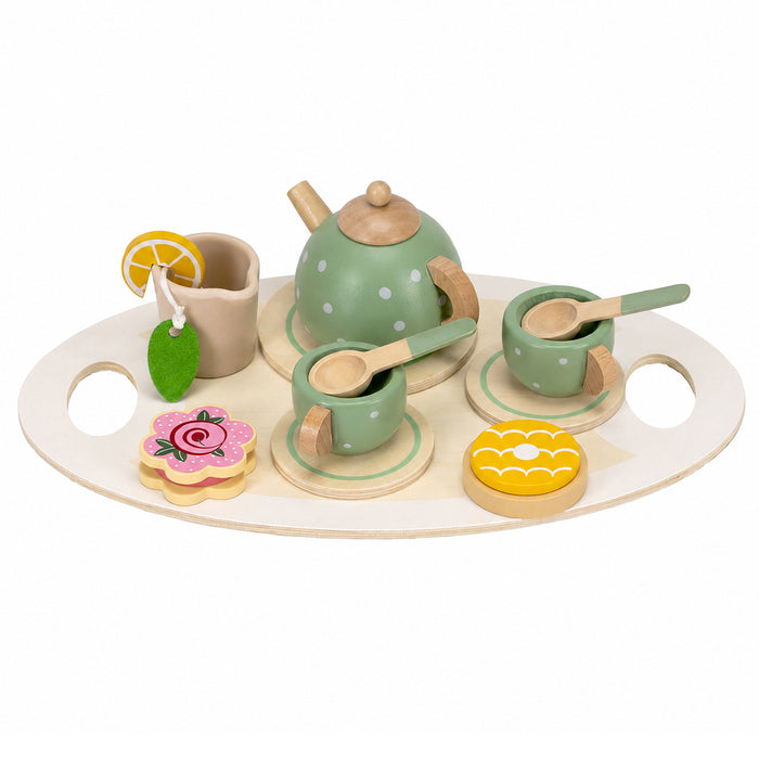 Jucarie din lemn set complet ceai pentru copii, 14 piese, tava inclusa, 28x17 cm, multicolor - BazarOltenia