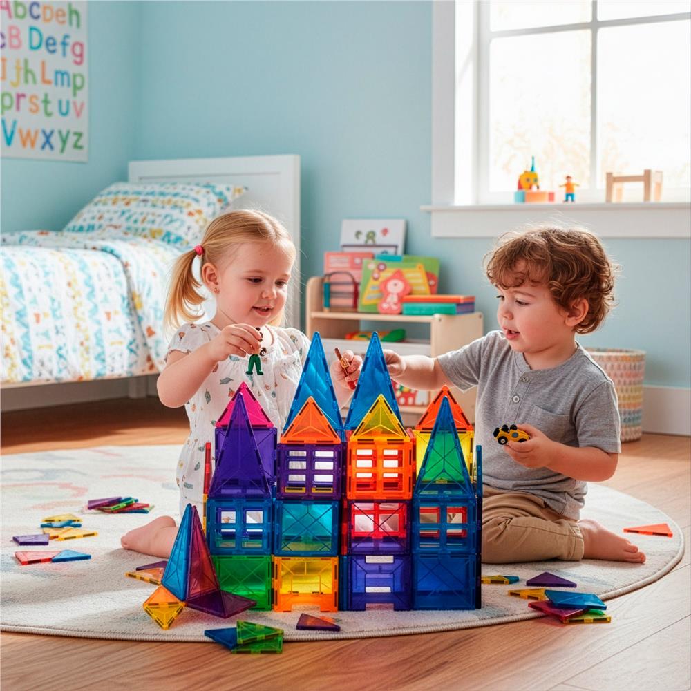 Set de constructie din piese magnetice educative pentru copii 48 de piese, multicolor