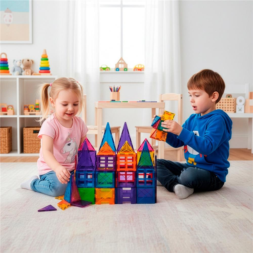 Set de constructie din piese magnetice educative pentru copii 60 de piese, multicolor