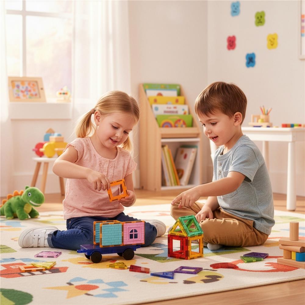 Set de constructie din piese magnetice educative pentru copii 100 de piese, multicolor