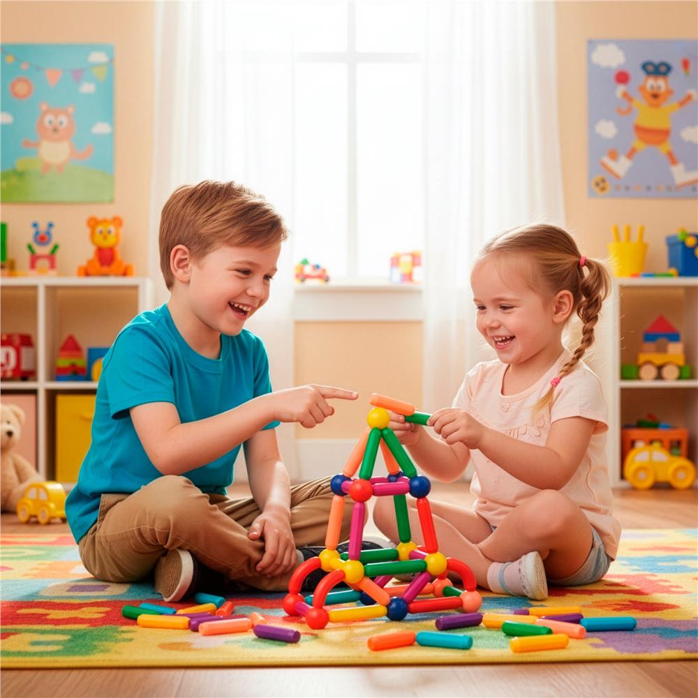 Set de constructie din piese magnetice educative pentru copii 128 de piese, multicolor