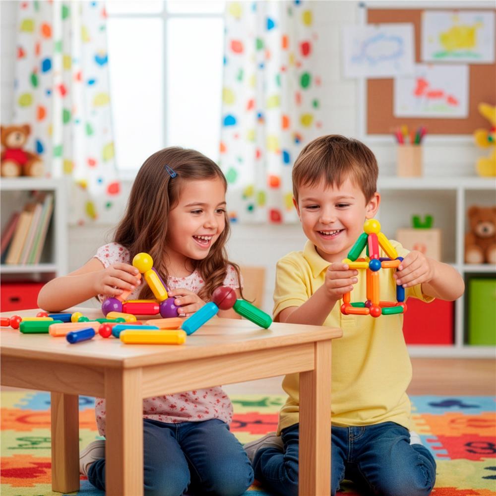 Set de constructie din piese magnetice educative pentru copii 128 de piese, multicolor