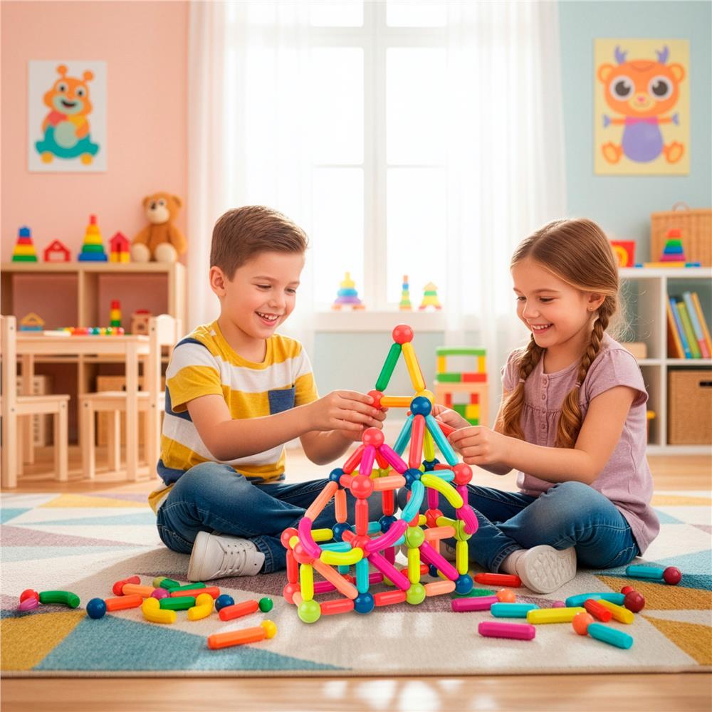 Set de constructie din piese magnetice educative pentru copii 128 de piese, multicolor