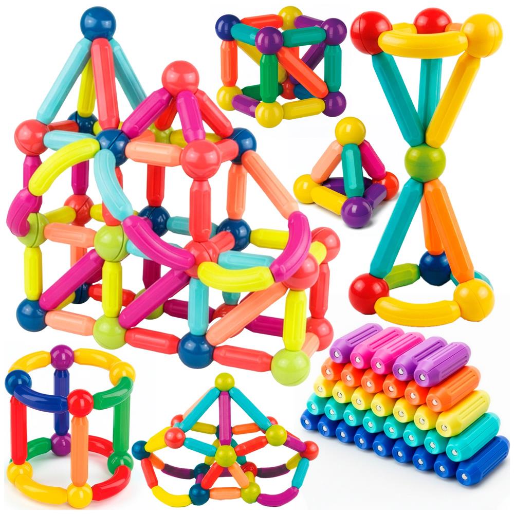 Set de constructie din piese magnetice educative pentru copii 100 de piese, colorate