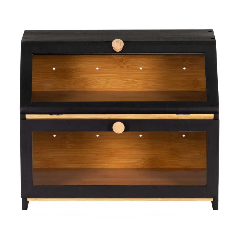 Cutie pentru paine cu 2 niveluri din bambus, cu ferestre transparente si inchidere magnetica, 39x25x32 cm, negru