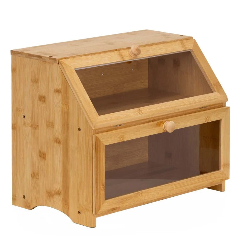 Cutie pentru paine cu 2 niveluri din bambus, cu ferestre transparente si inchidere magnetica, 39x25x32 cm, natur