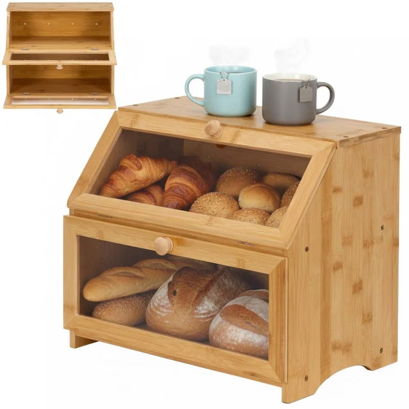 Cutie pentru paine cu 2 niveluri din bambus, cu ferestre transparente si inchidere magnetica, 39x25x32 cm, natur