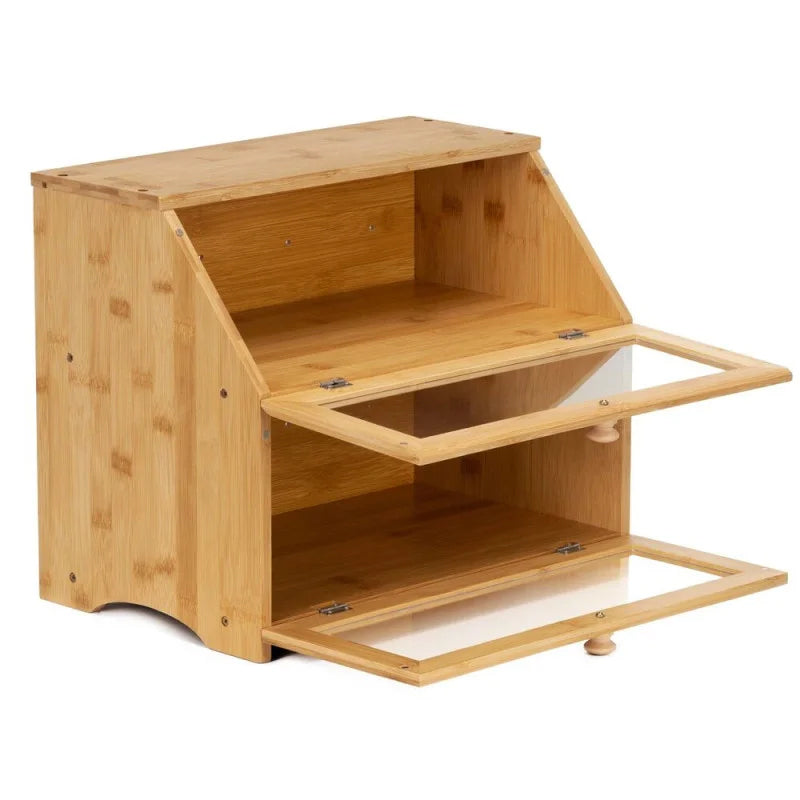 Cutie pentru paine cu 2 niveluri din bambus, cu ferestre transparente si inchidere magnetica, 39x25x32 cm, natur