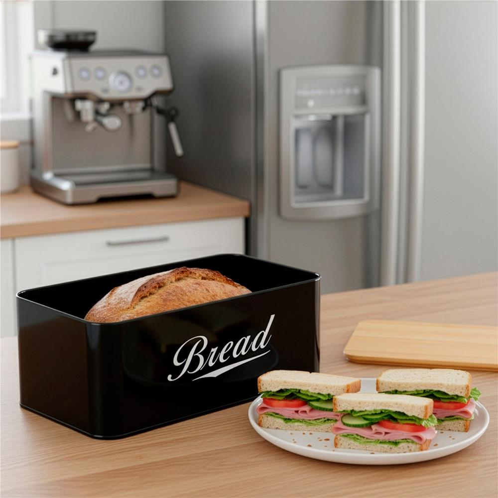 Cutie pentru paine din metal cu capac din bambus, finisaj lucios, 33x18x14 cm, negru
