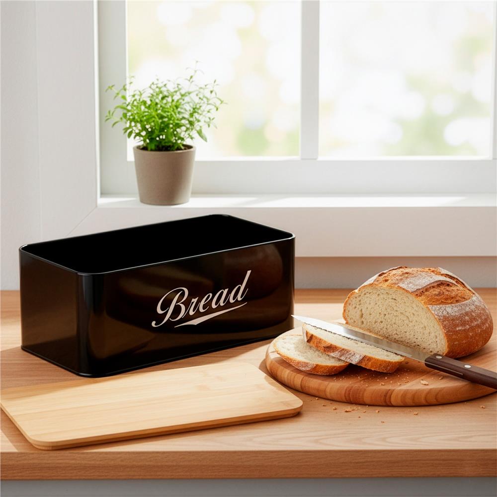 Cutie pentru paine din metal cu capac din bambus, finisaj lucios, 33x18x14 cm, negru