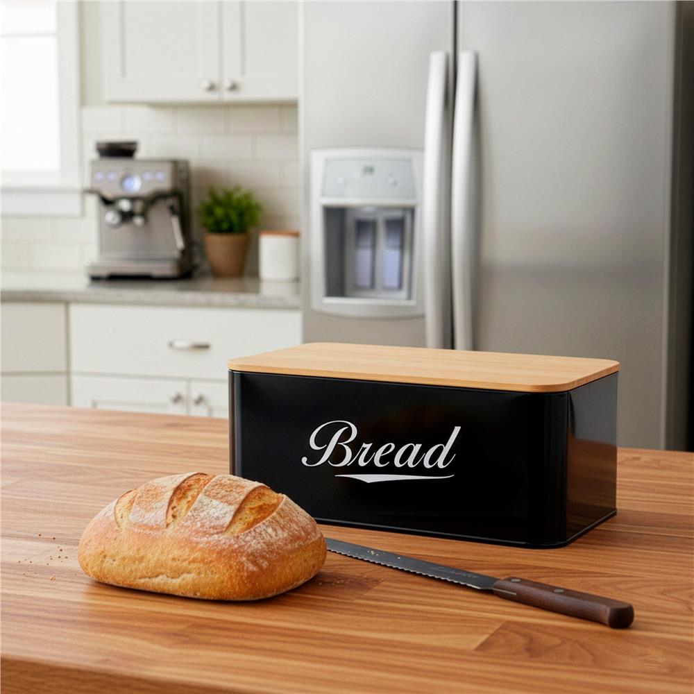 Cutie pentru paine din metal cu capac din bambus, finisaj lucios, 33x18x14 cm, negru