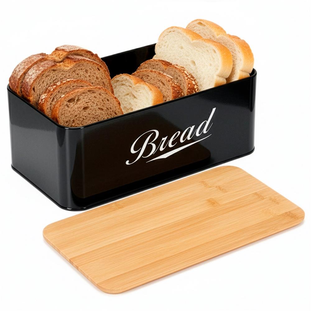 Cutie pentru paine din metal cu capac din bambus, finisaj lucios, 33x18x14 cm, negru
