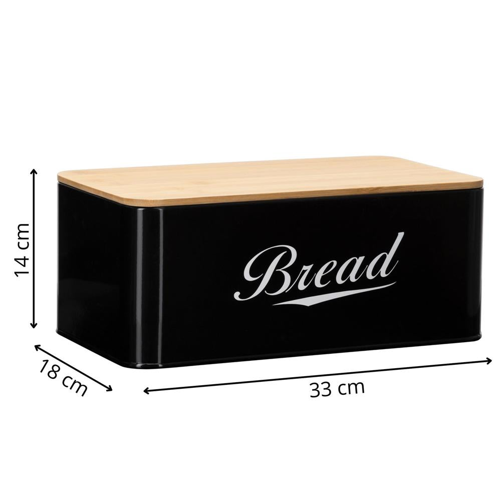 Cutie pentru paine din metal cu capac din bambus, finisaj lucios, 33x18x14 cm, negru