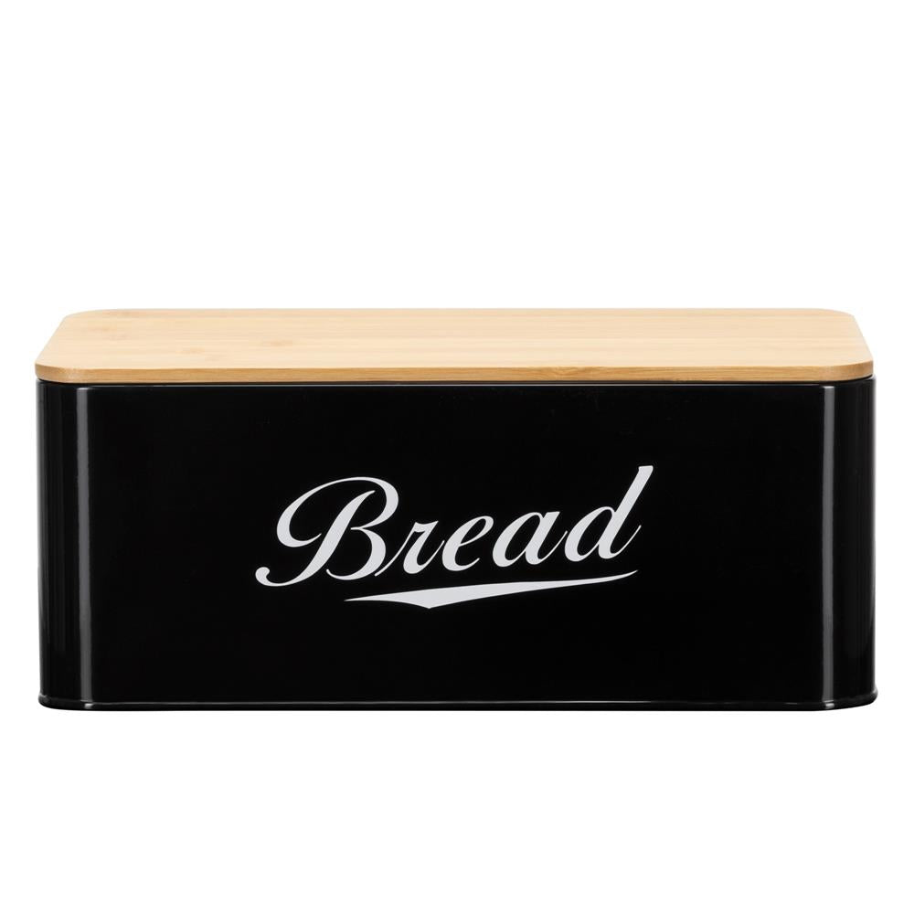 Cutie pentru paine din metal cu capac din bambus, finisaj lucios, 33x18x14 cm, negru