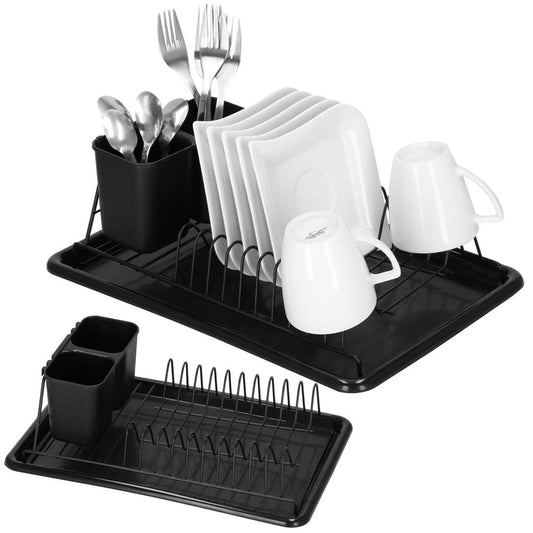 Uscator de vase metalic cu tava detasabila si suport tacamuri, 38x24x13 cm, negru - 2