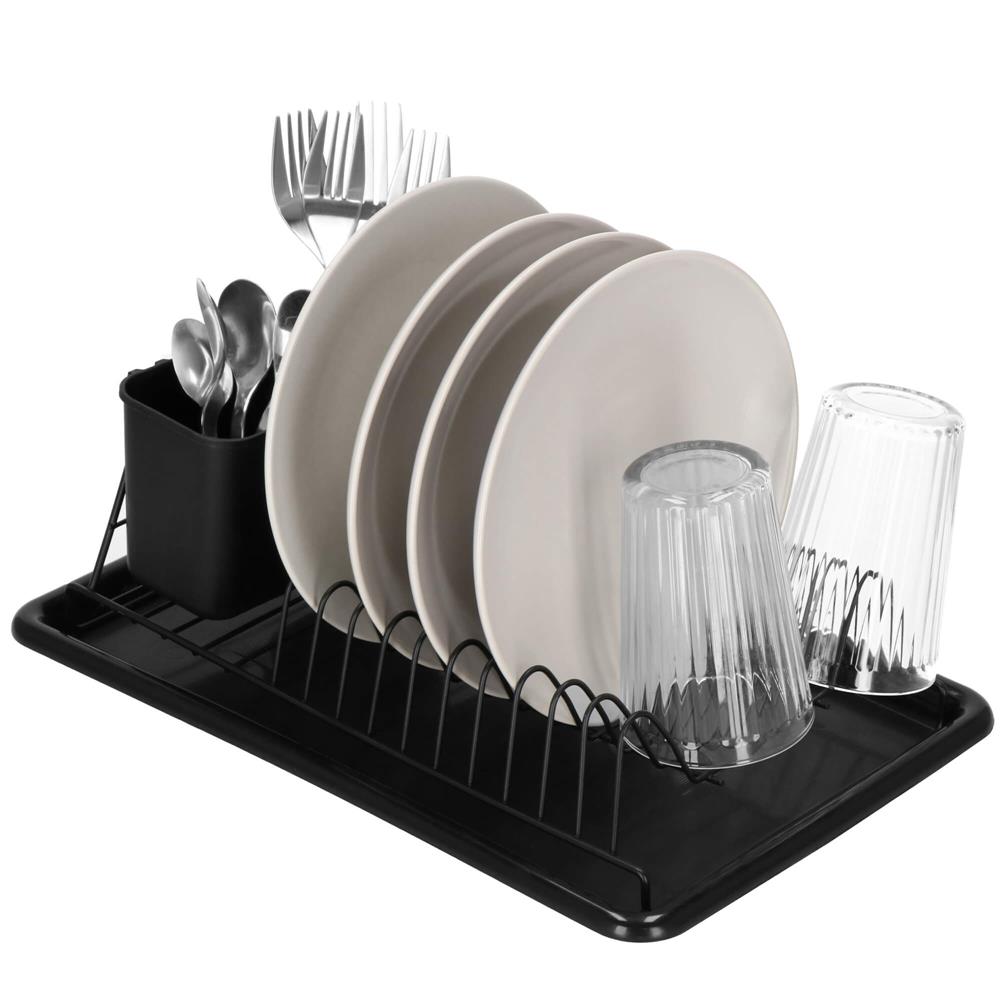 Uscator de vase metalic cu tava detasabila si suport tacamuri, 38x24x13 cm, negru