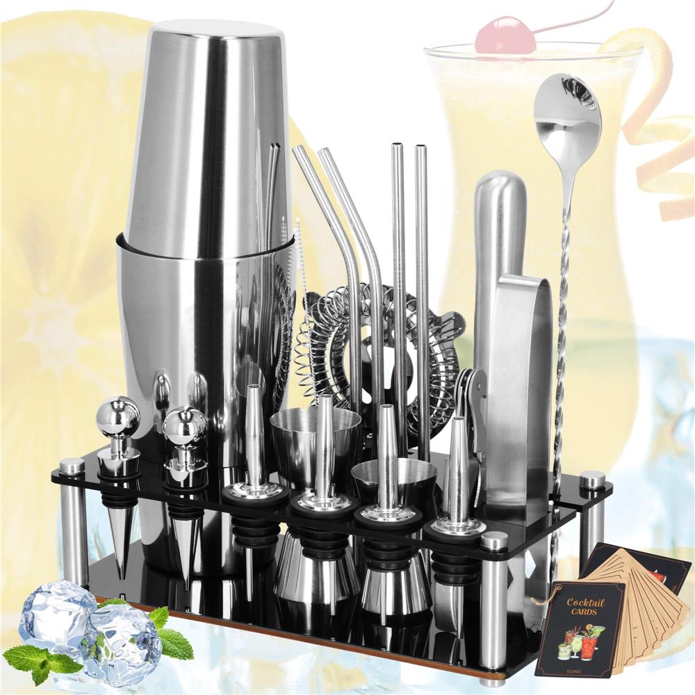 Set barman 14 piese din inox, cu shaker 750 ml, dozatoare, ustensile si suport, pentru cocktailuri, gri