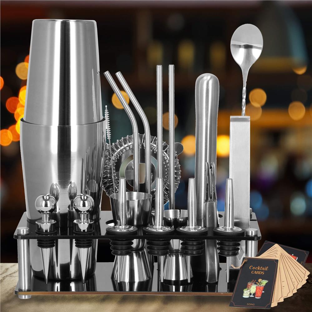 Set barman 14 piese din inox, cu shaker 750 ml, dozatoare, ustensile si suport, pentru cocktailuri, gri
