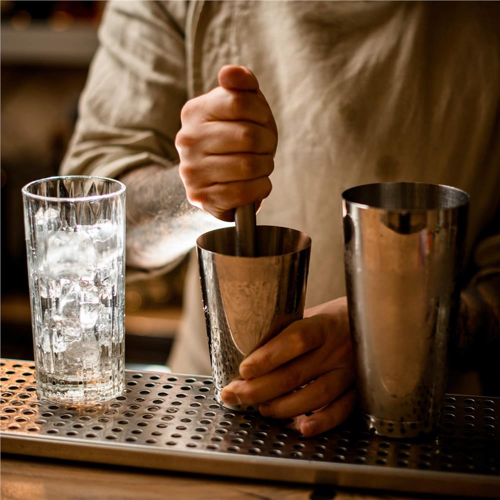 Set barman 14 piese din inox, cu shaker 750 ml, dozatoare, ustensile si suport, pentru cocktailuri, gri