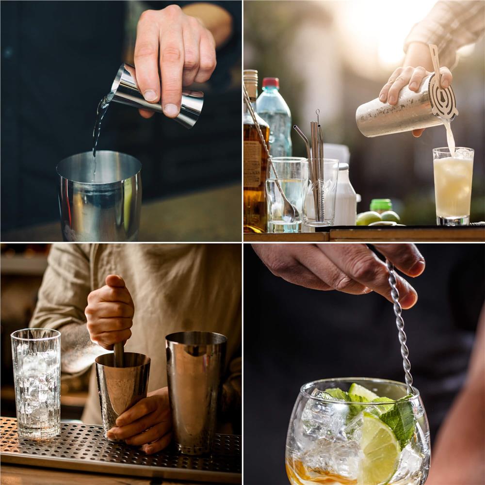 Set barman 14 piese din inox, cu shaker 750 ml, dozatoare, ustensile si suport, pentru cocktailuri, gri