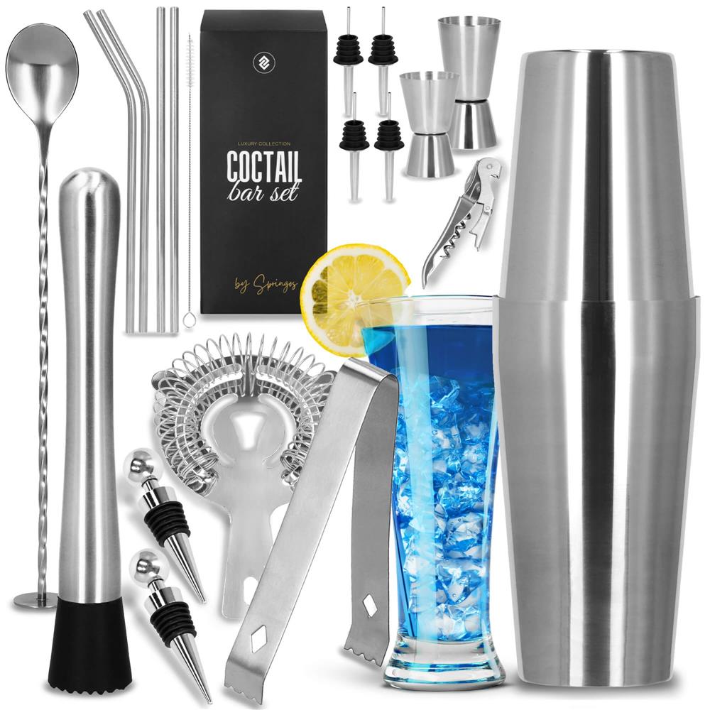 Set barman 14 piese din inox, cu shaker 750 ml, dozatoare, ustensile si suport, pentru cocktailuri, gri