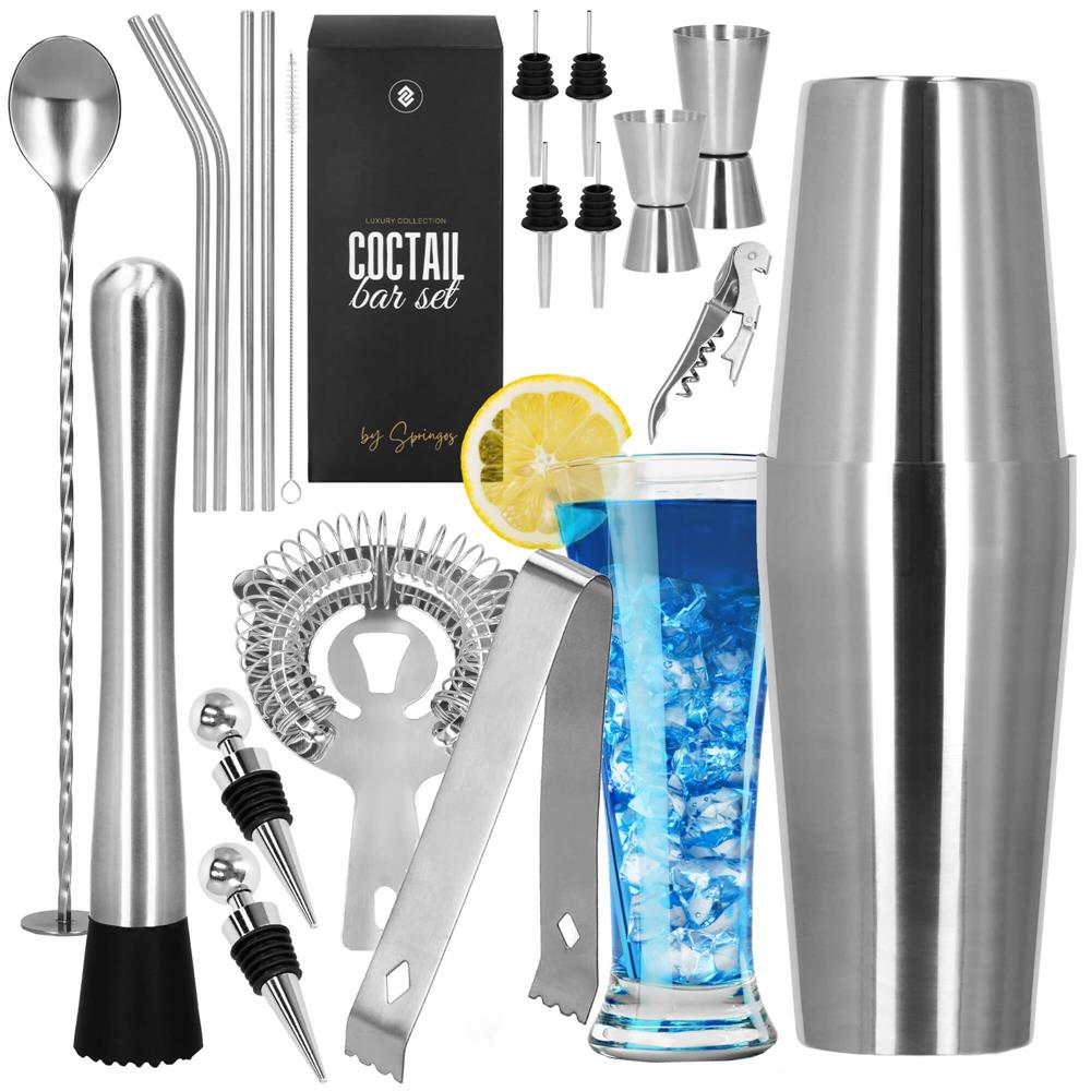 Set barman 14 piese din inox, cu shaker 750 ml, dozatoare, ustensile si suport, pentru cocktailuri, gri