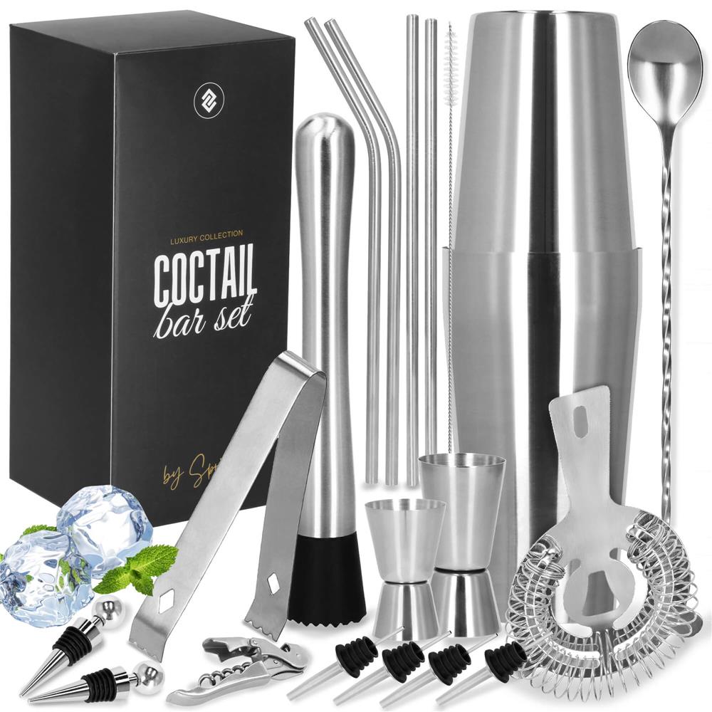 Set barman 14 piese din inox, cu shaker 750 ml, dozatoare, ustensile si suport, pentru cocktailuri, gri