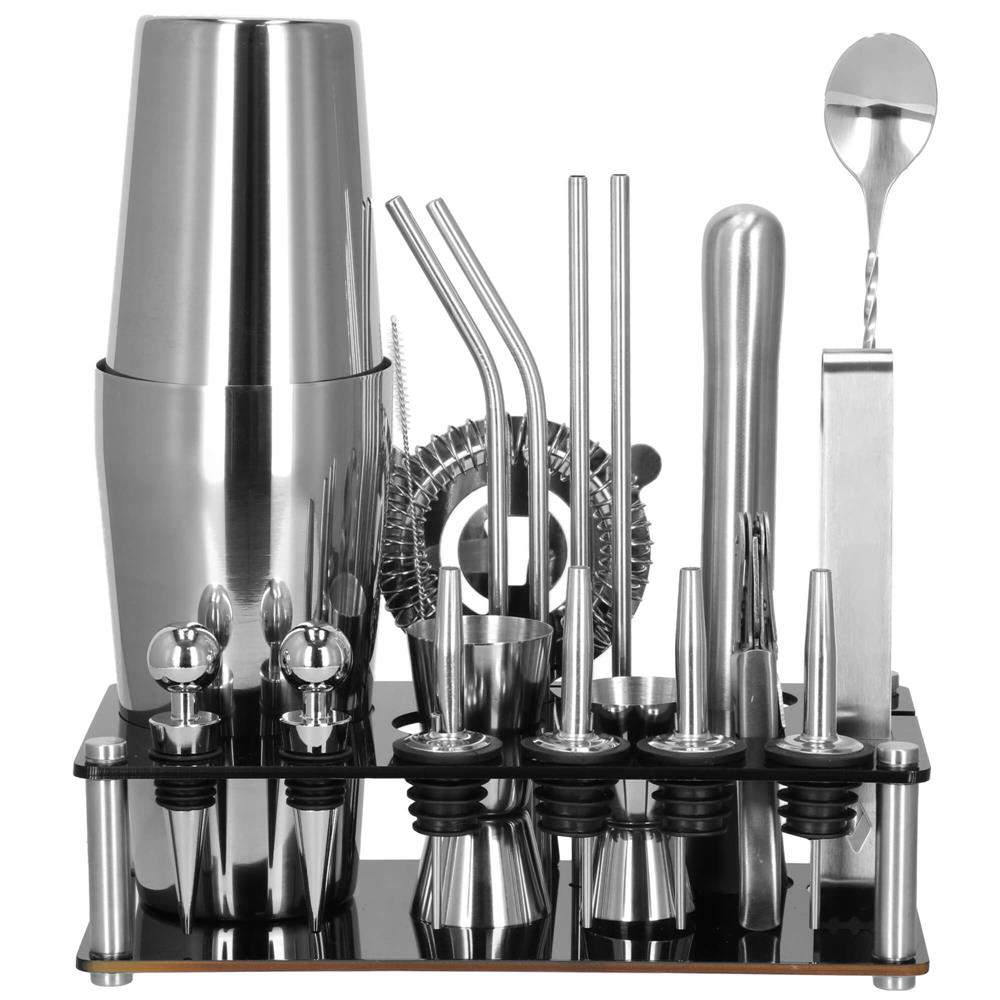 Set barman 14 piese din inox, cu shaker 750 ml, dozatoare, ustensile si suport, pentru cocktailuri, gri