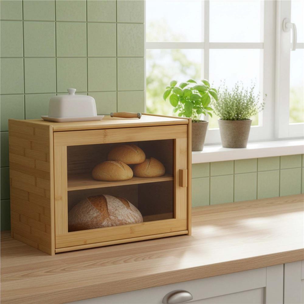 Cutie pentru paine din bambus cu fereastra transparenta, inchidere magnetica, 39x20x31 cm, bambus natural