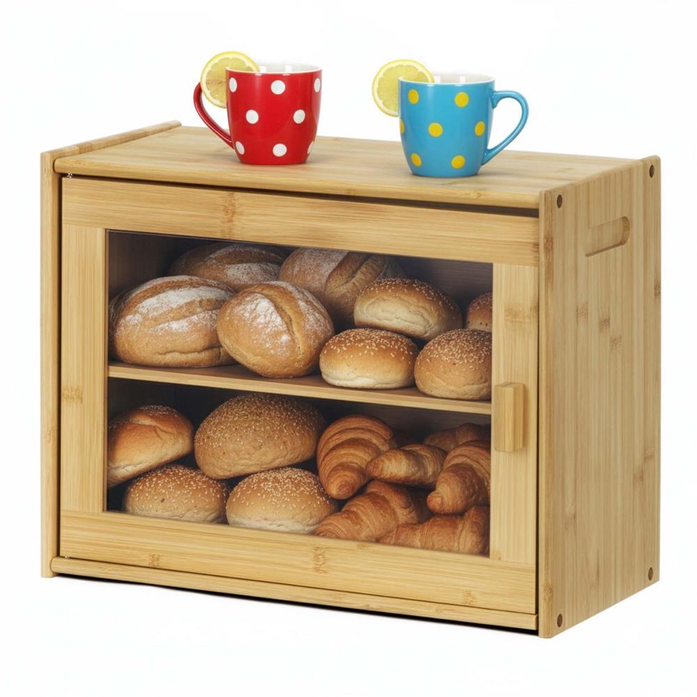 Cutie pentru paine din bambus cu fereastra transparenta, inchidere magnetica, 39x20x31 cm, bambus natural